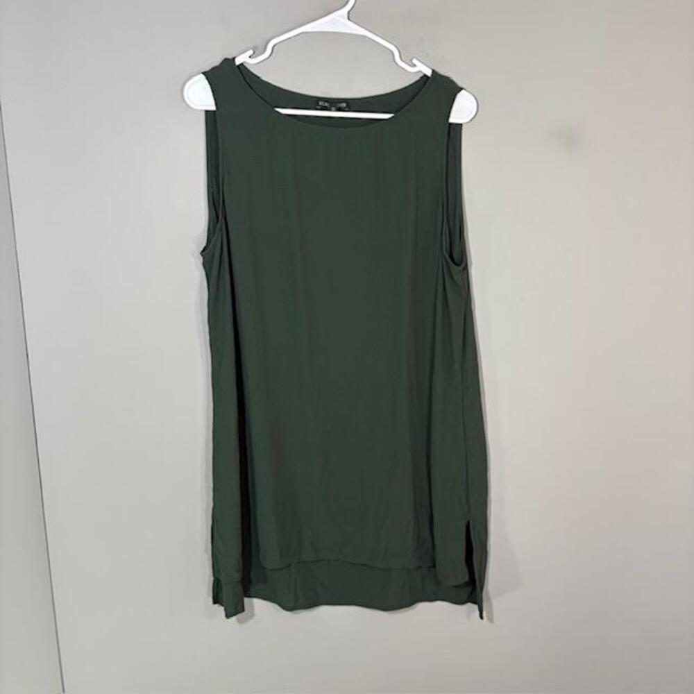 Eileen Fisher Tank Womens Large Green Solid Silk Scoop Neck Sleeveless Tunic Top